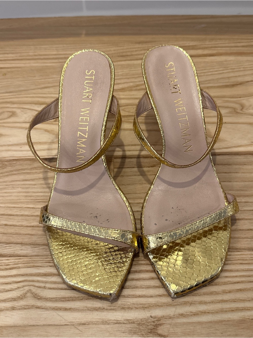 Stuart Weitzman Metallic Gold Snake-Effect Strappy Heels
